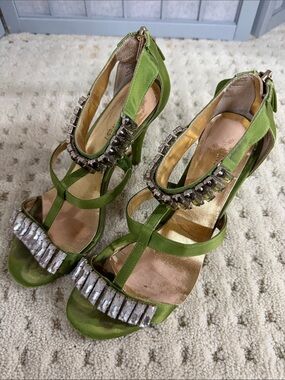 Nine West Green Crystal-Embellished Strappy High Heels, Size 6